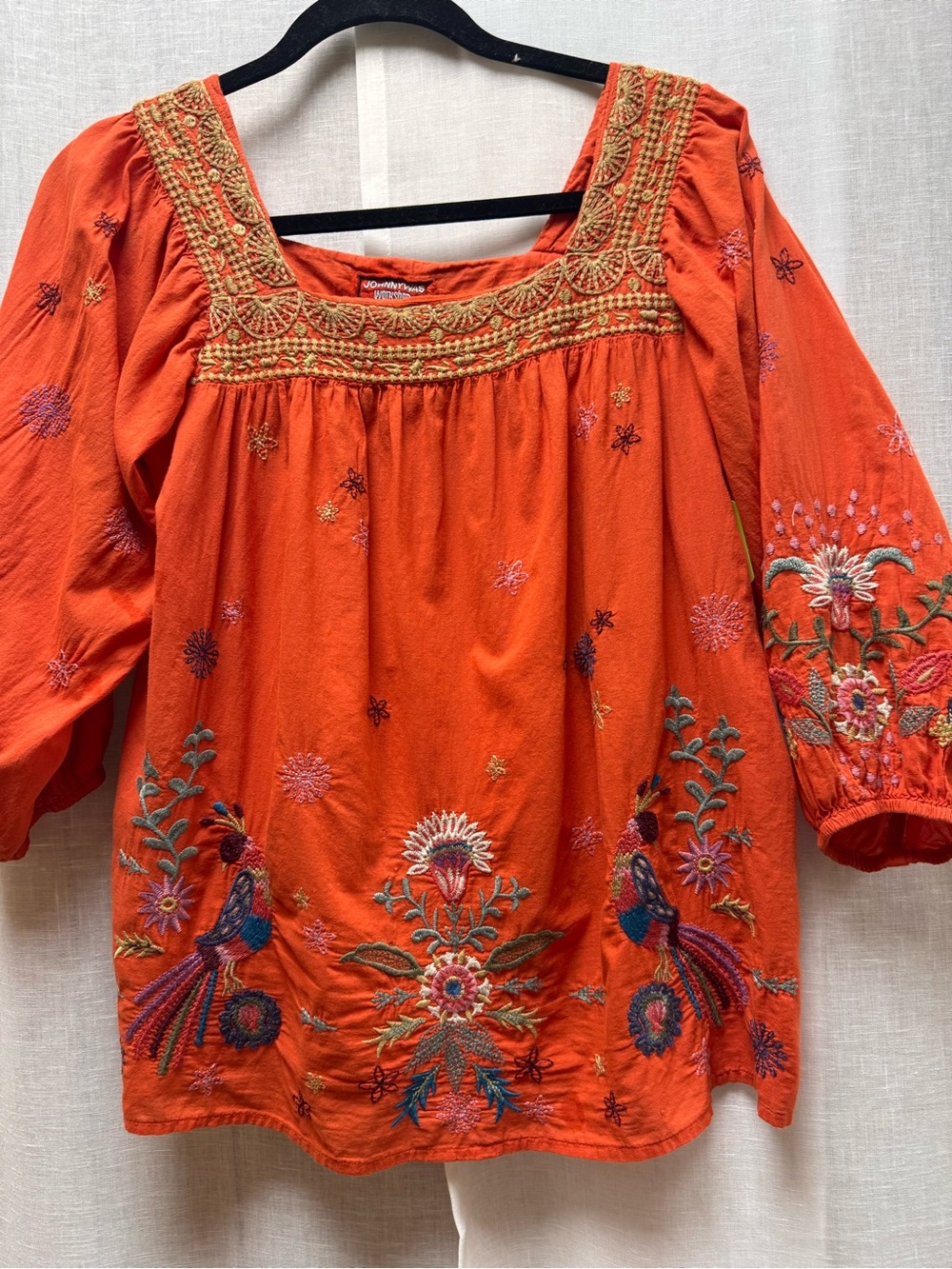 Johnny Was Orange Embroidered Peasant Top